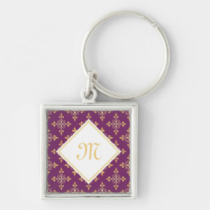 Porte-clés Monogramme de luxe violet et or Quatre Floral