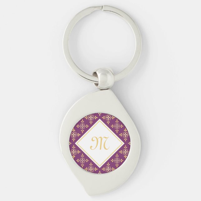 Porte-clés Monogramme de luxe violet et or Quatre Floral (Devant)