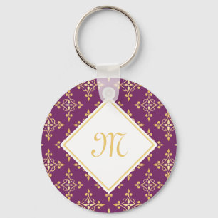 Porte-clés Monogramme de luxe violet et or Quatre Floral