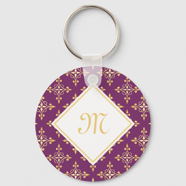 Porte-clés Monogramme de luxe violet et or Quatre Floral (Recto)