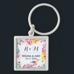 Porte-clés Monogramme de mariage de printemps de fleurs et de<br><div class="desc">Cette illustration vintage et rustique de fleurs d'aquarelle est parfaite pour les mariages, la douche nuptiale, la fête de fiançailles et la fête d'anniversaire. Obtenez ce design floral chic et élégant pour votre mariage de printemps en plein air, dans la campagne ou dans un jardin botanique romantique. Personnalisez le texte...</div>