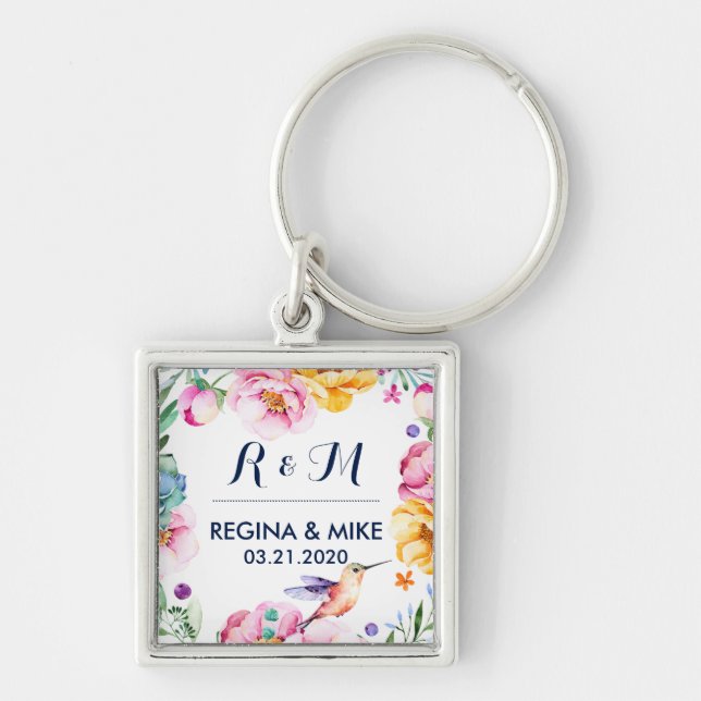 Porte-clés Monogramme de mariage de printemps de fleurs et de (Devant)
