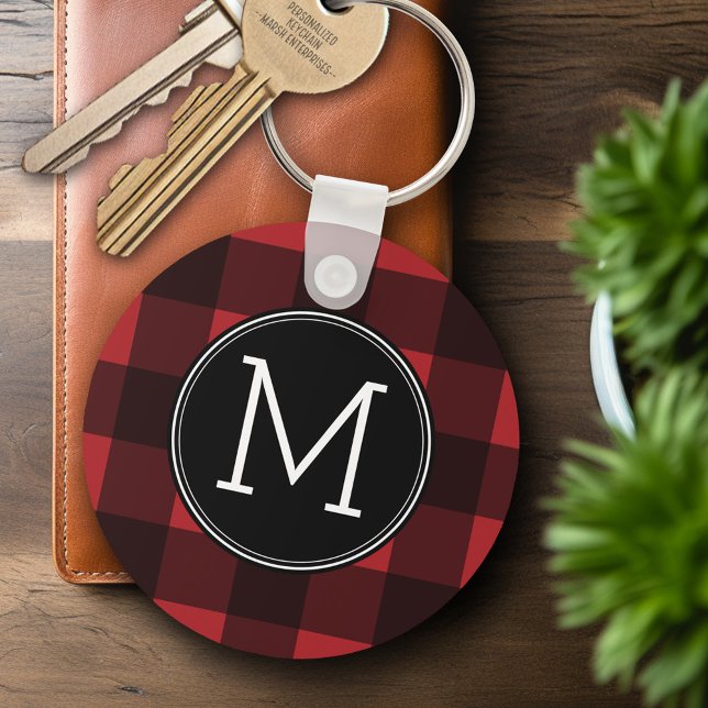 Porte-clés Monogramme de Motif de buffle rouge et noir rustiq (Personalized Keychain - Add Name or Monogram)
