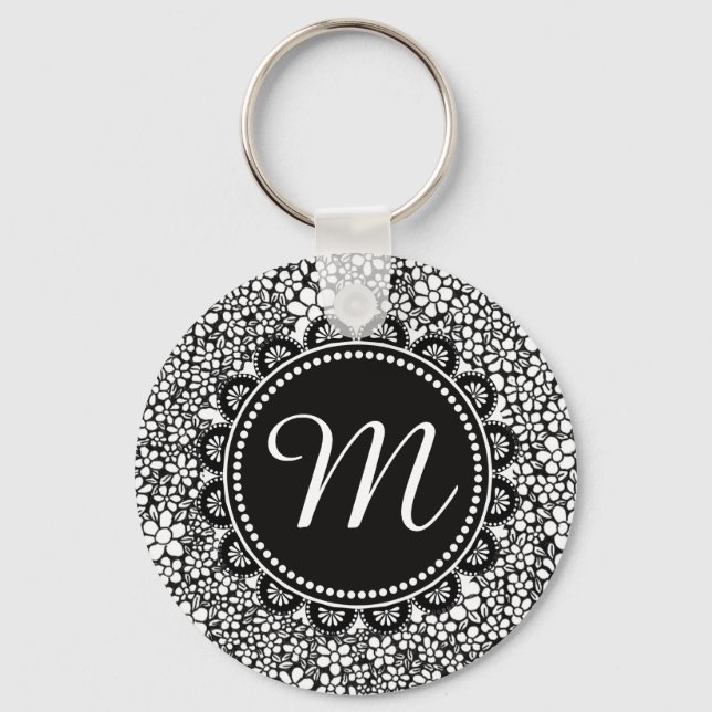Porte-clés Monogramme de motif de fleur noir et blanc dessiné (Recto)