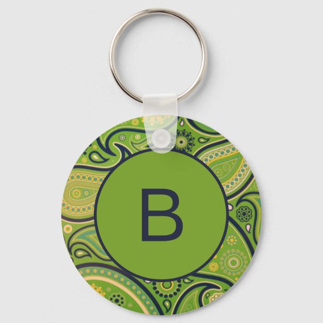 Porte-clés Monogramme de motif paisley vert orné (Recto)