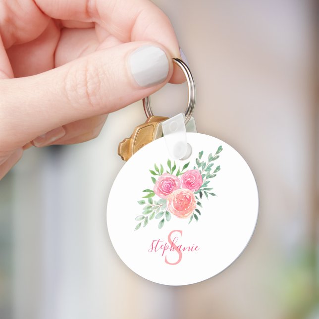 Porte-clés Monogramme de nom aquarelle floral rose (Créateur téléchargé)