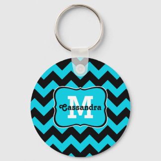 Porte-clés monogramme de nom de chevron Turquoise et noir
