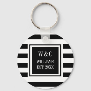 Porte-clés Monogramme de nom de famille rayé noir et blanc