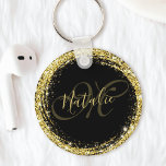 Porte-clés Monogramme de nom de paillettes dorées Glamour noi<br><div class="desc">Personnalisez facilement ce porte-clés cadre de luxe avec paillettes dorées avec votre nom et monogramme personnalisés.</div>