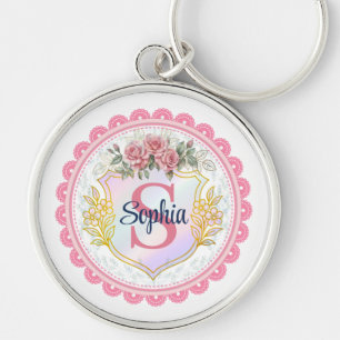 Porte-clés Monogramme de nom et initiale florale élégant