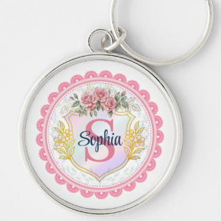 Porte-clés Monogramme de nom et initiale florale élégant