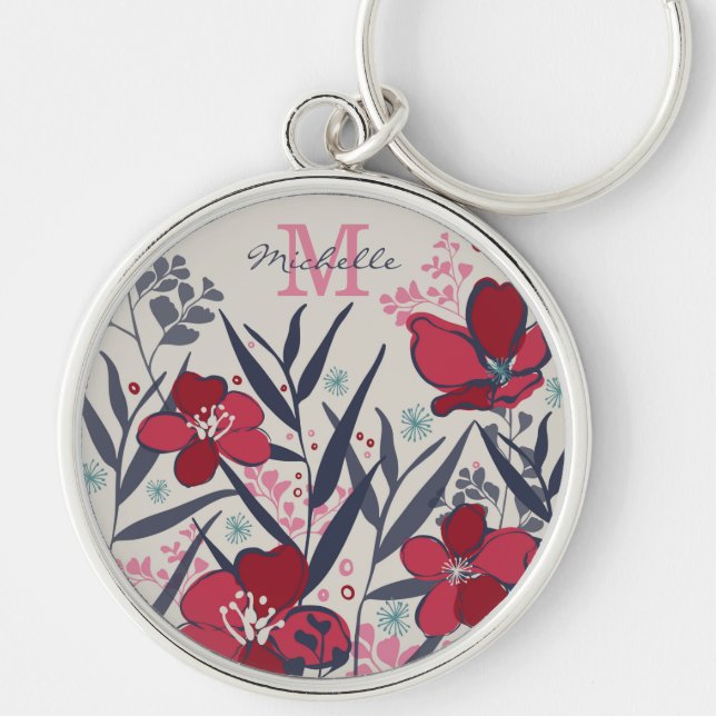 Porte-clés Monogramme de nom floral rouge et rose (Devant)