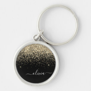 Porte-clés Monogramme de nom girly script paillettes noir or