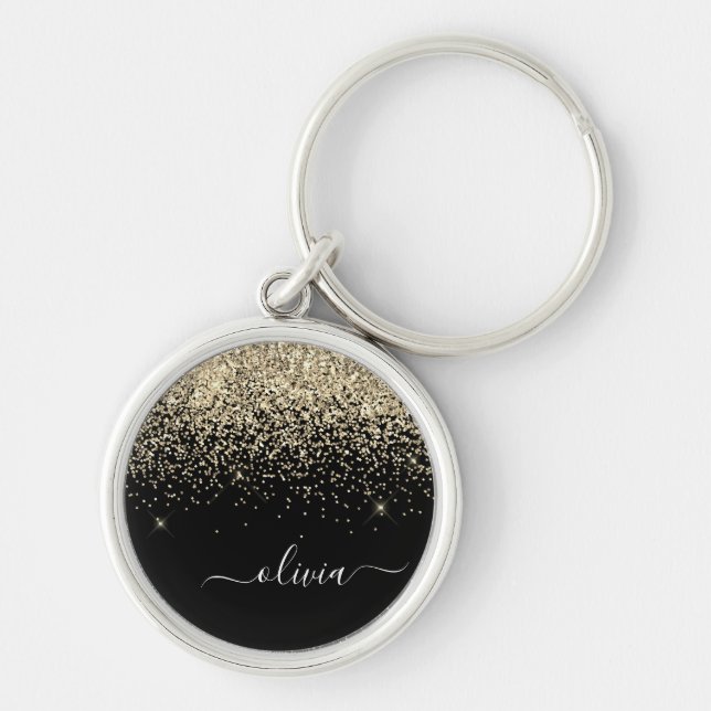 Porte-clés Monogramme de nom girly script paillettes noir or (Devant)