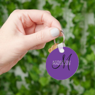 Porte-clés Monogramme de nom personnalisé violet 