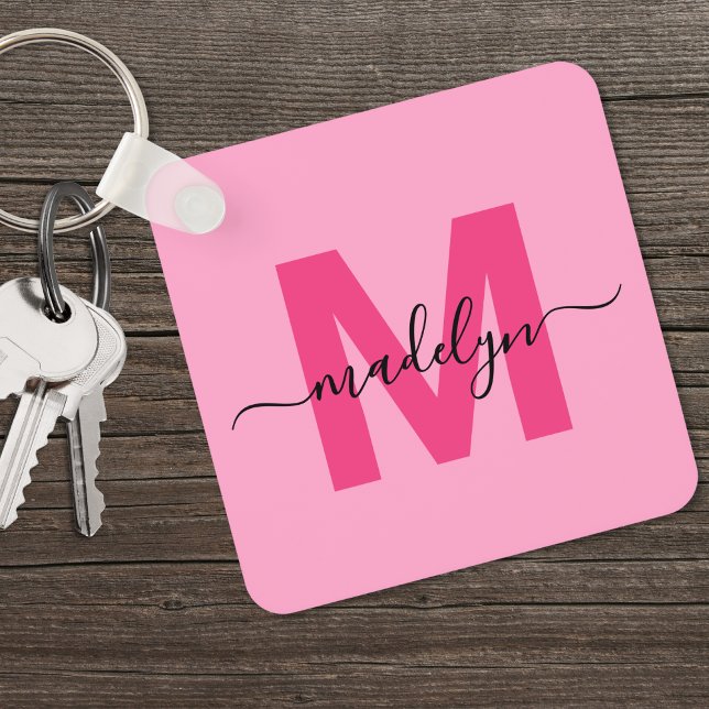 Porte-clés Monogramme de prénom écriture féminine rose vif (Hot Pink Girly Script Name Monogram keychain)
