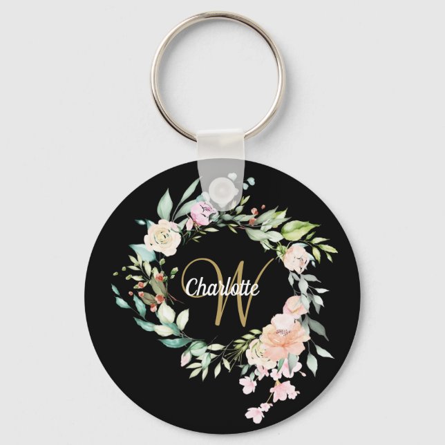 Porte-clés Monogramme de roses à l'écriture florale Noir Or (Recto)