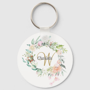 Porte-clés Monogramme de roses florales en écriture dorée
