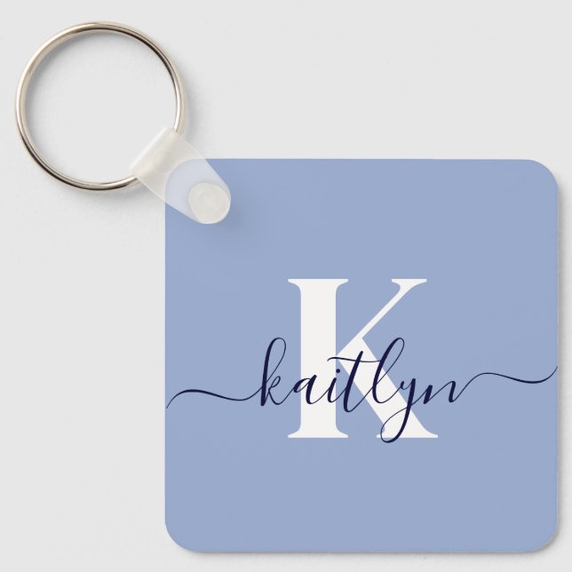 Porte-clés Monogramme de script bleu moderne (Recto)