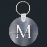 Porte-clés Monogramme de script féminin en métal brossé gris<br><div class="desc">Porte-clés monogramme de script féminin en métal brossé en acier gris argent</div>