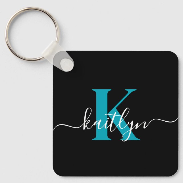 Porte-clés Monogramme de script sarcelle noir moderne (Recto)