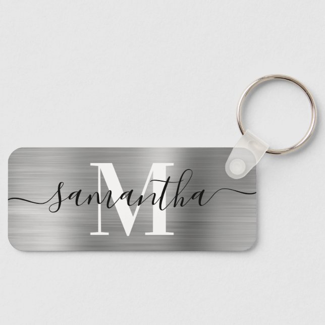 Porte-clés Monogramme de signature rectangle fin en argent (Recto)
