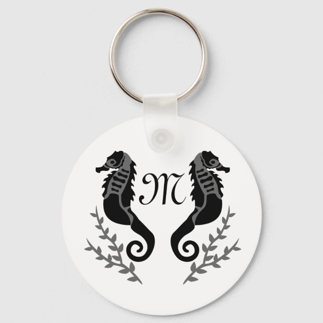 Porte-clés Monogramme de silhouette de cheval de mer noir (Recto)