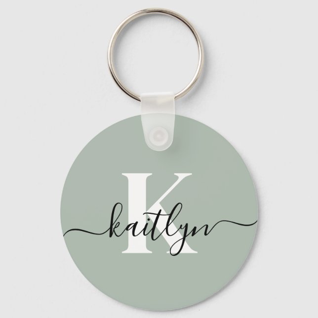 Porte-clés Monogramme de style moderne vert sauge (Recto)