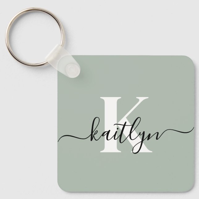 Porte-clés Monogramme de style moderne vert sauge (Recto)