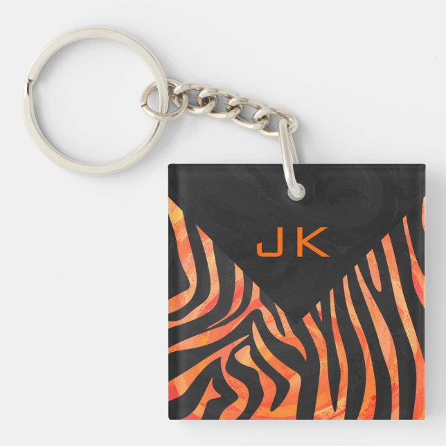 Porte-clés Monogramme de zèbre orange et noir (Devant)
