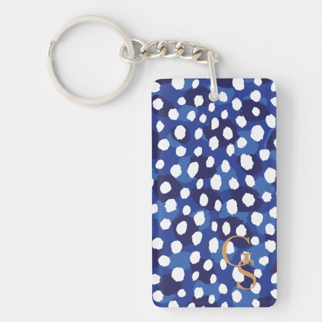 Porte-clés monogramme d'impression chic bleu et blanc de guép (Devant)