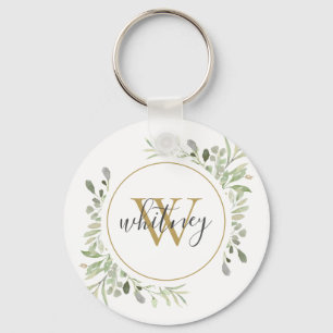 Porte-clés Monogramme doré Élégant feuillage Script