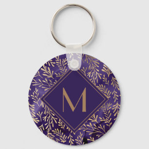 Porte-clés Monogramme élégant de feuilles dorées violettes