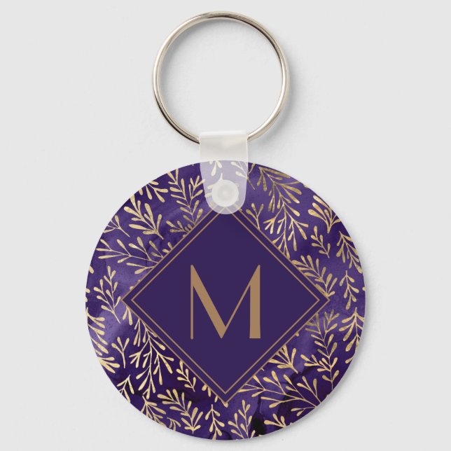 Porte-clés Monogramme élégant de feuilles dorées violettes (Recto)