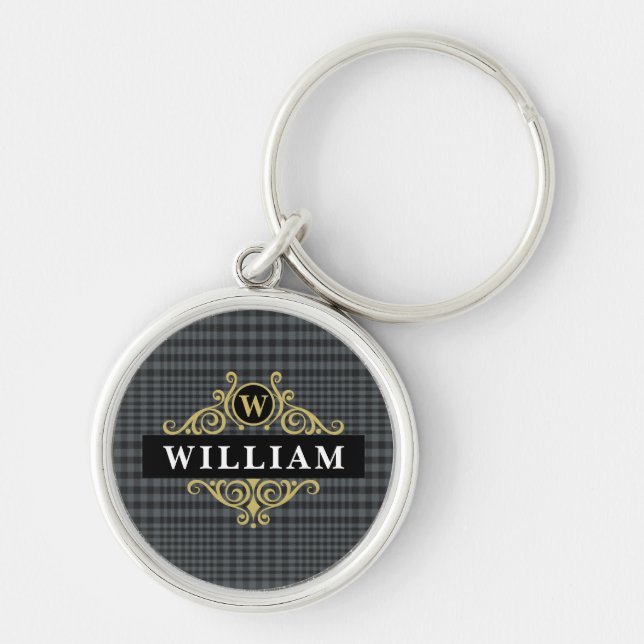 Porte-clés Monogramme élégant noir et or Glen Plaid (Devant)