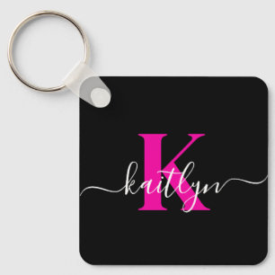 Porte-clés Monogramme élégant noir rose vif écriture