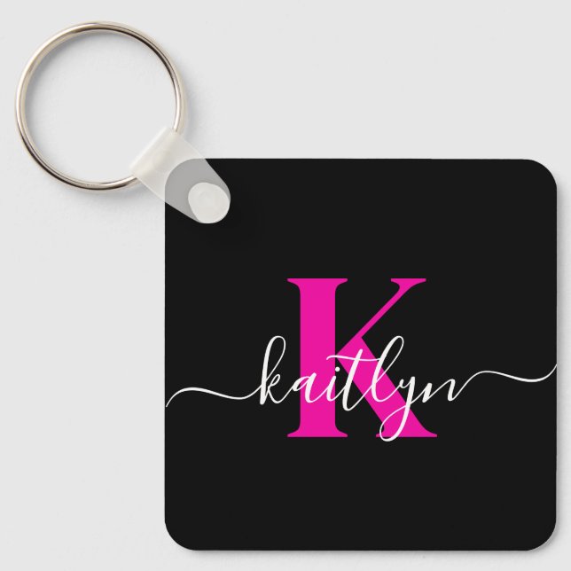 Porte-clés Monogramme élégant noir rose vif écriture (Recto)
