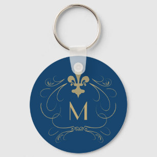 Porte-clés Monogramme Elégante Fleur de Lis Blue Gold