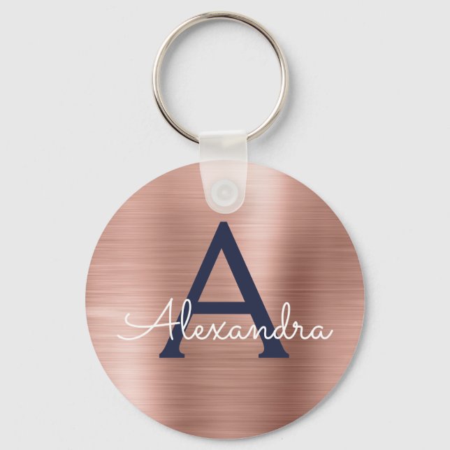 Porte-clés Monogramme en acier inoxydable or rose Navy Blue (Recto)