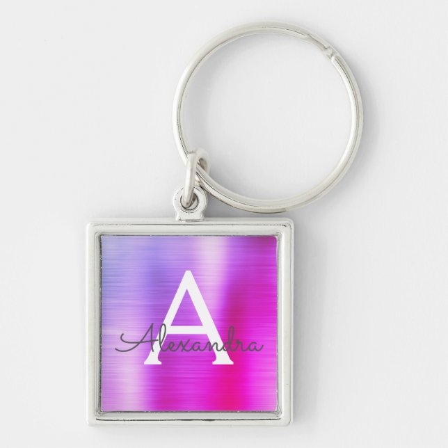 Porte-clés Monogramme en acier inoxydable rose et violet (Devant)
