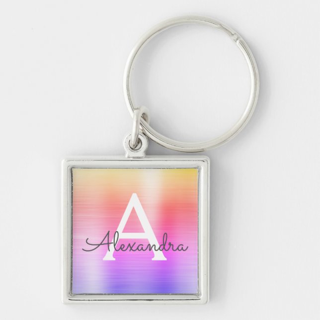 Porte-clés Monogramme en acier inoxydable rose et violet (Devant)