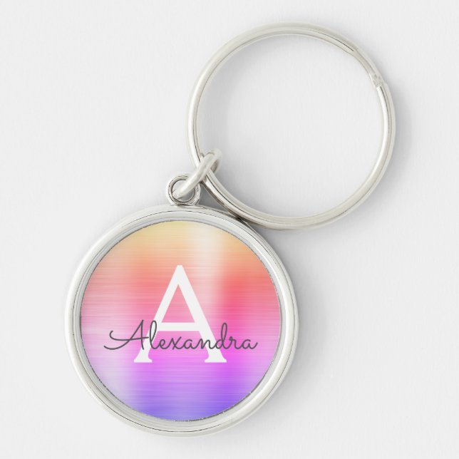 Porte-clés Monogramme en faux acier inoxydable rose et violet (Devant)