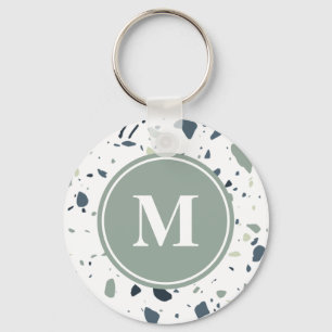 Porte-clés Monogramme en marbre de terrazzo bleu vert moderne