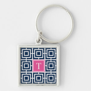 Porte-clés Monogramme en treillis carré Prépa - Navy & Rose C