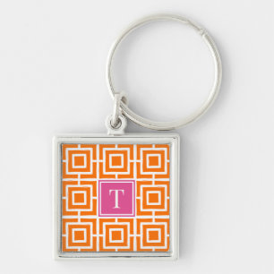 Porte-clés Monogramme en treillis carré Preppy Orange et rose