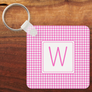 Porte-clés Monogramme En vichy plaid rose et blanc