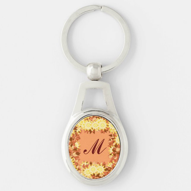 Porte-clés Monogramme encadré de fleurs - cacao et jaune (Devant)