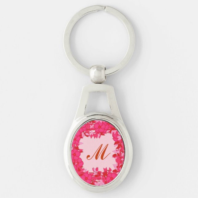 Porte-clés Monogramme encadré de fleurs - fuchsia et rose (Devant)