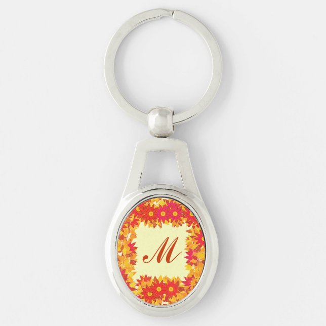 Porte-clés Monogramme encadré de fleurs - rouge et or (Devant)