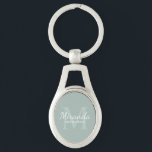 Porte-clés Monogramme et nom de la servante d'accueil personn<br><div class="desc">Cadeaux de Bridesmaids personnalisées avec le nom de la femme de bridesmaid personnalisées en style de police de script classique blanc et monogramme en style de police de serif classique de sauge vert comme arrière - plan avec titre et date de mariage en style de police de serif classique blanc...</div>